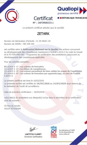 Certificat Qualiopi Zetark Actions de formation