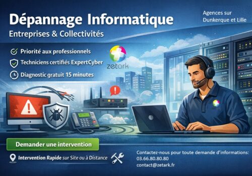 Technicien effectuant un dépannage informatique professionnel sur serveur et réseau pour une entreprise.